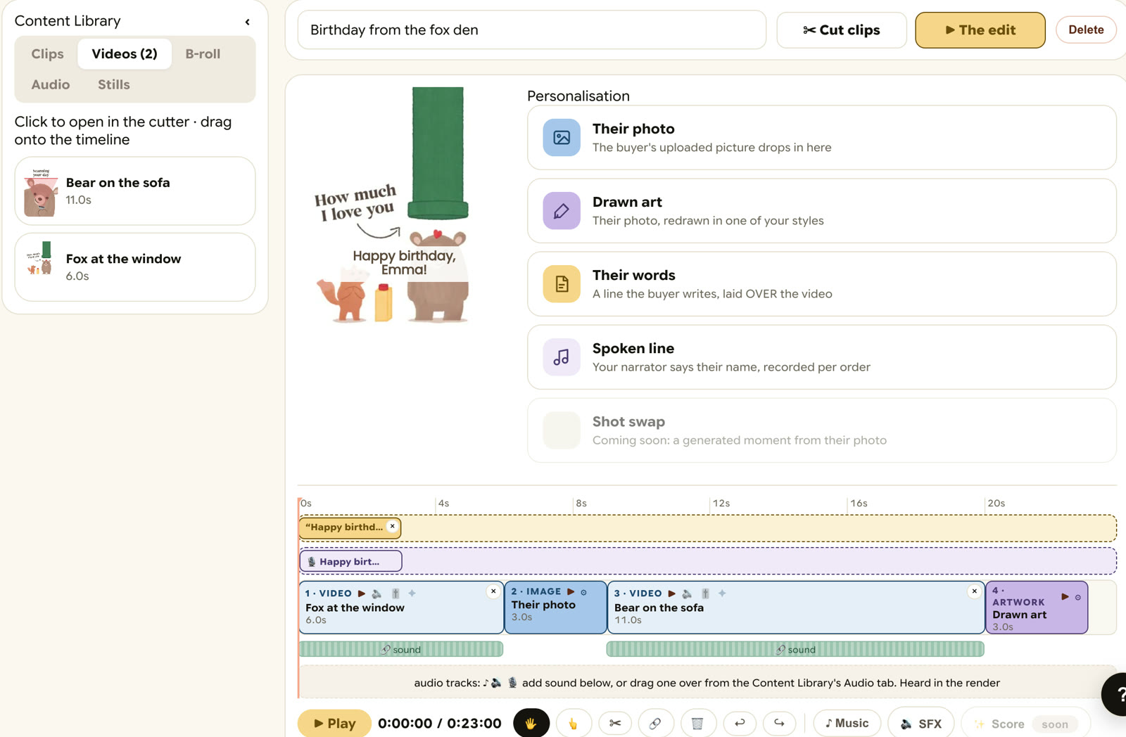 The Harutane timeline maker: two clips, a photo slot, drawn art, a line of words and a spoken line on one timeline